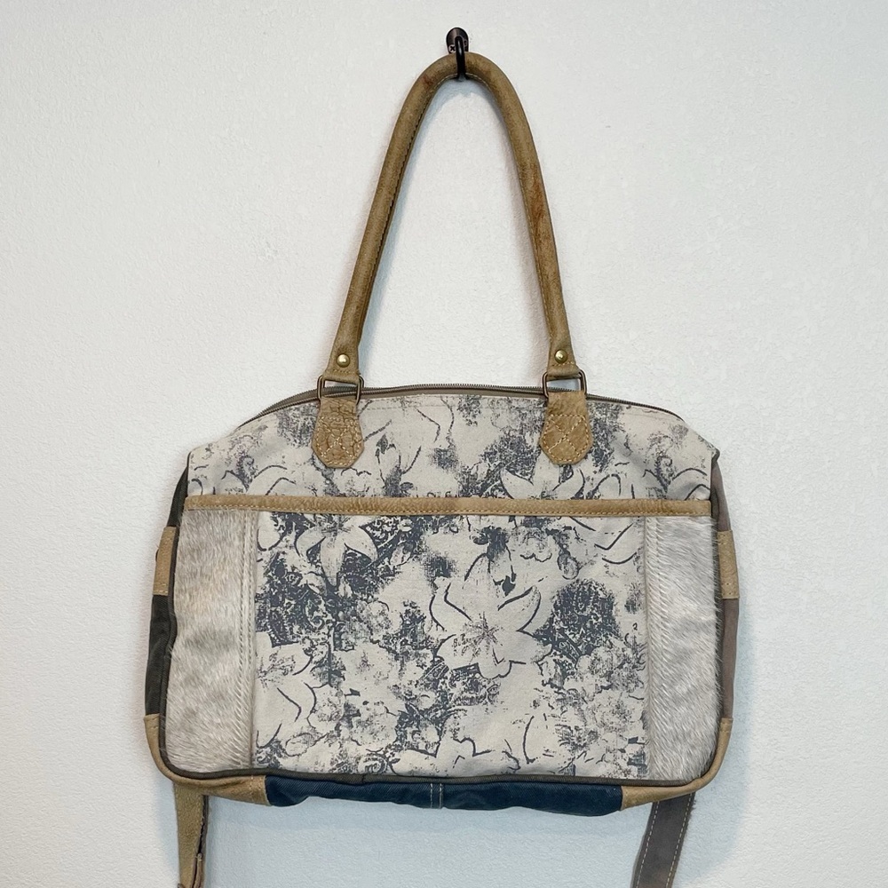 Myra Bag Lanyard Upcycled Canvas Messenger Bag NEW Calf Hair